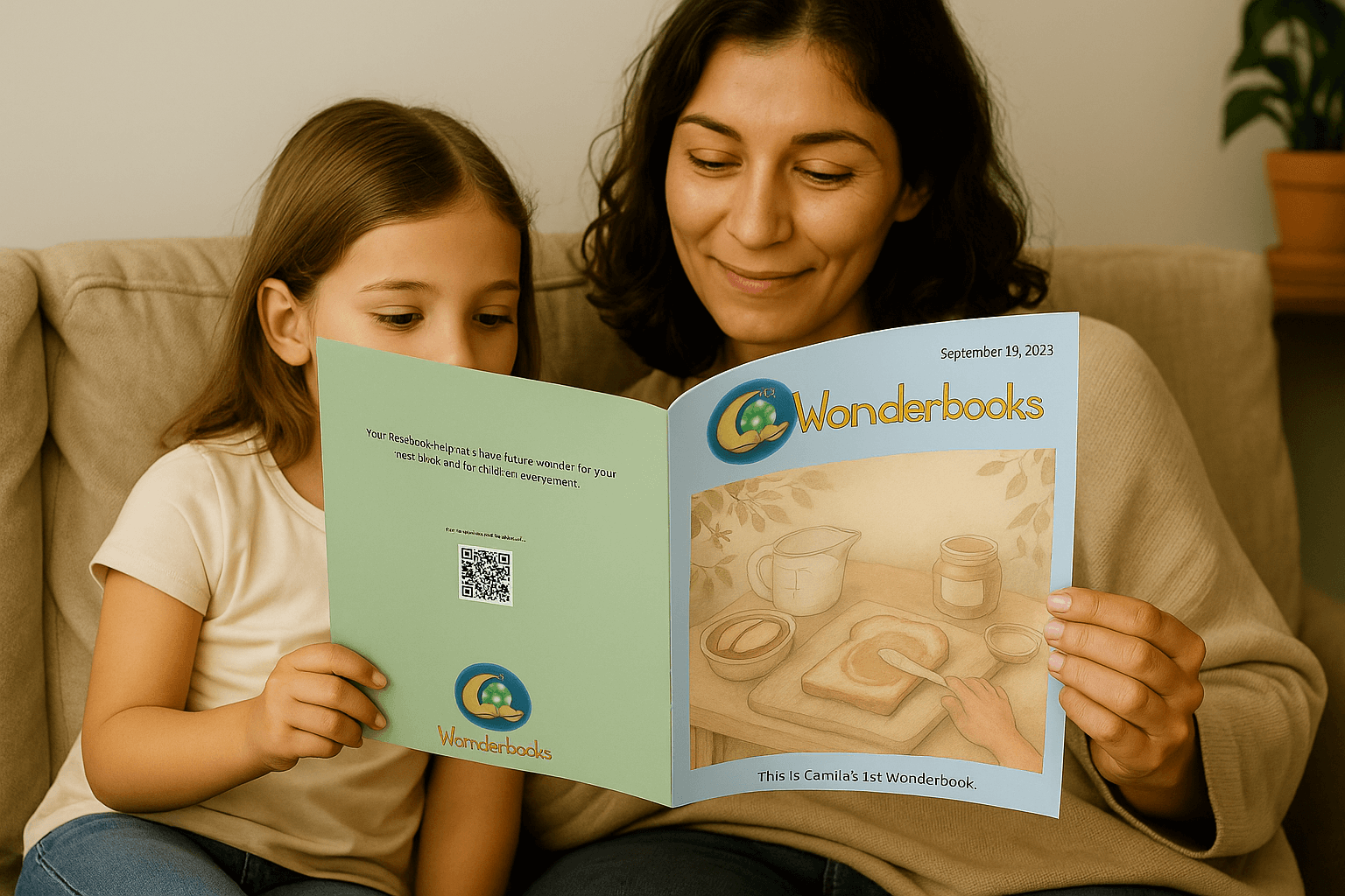 Family exploring various Wonderbook covers and activities together